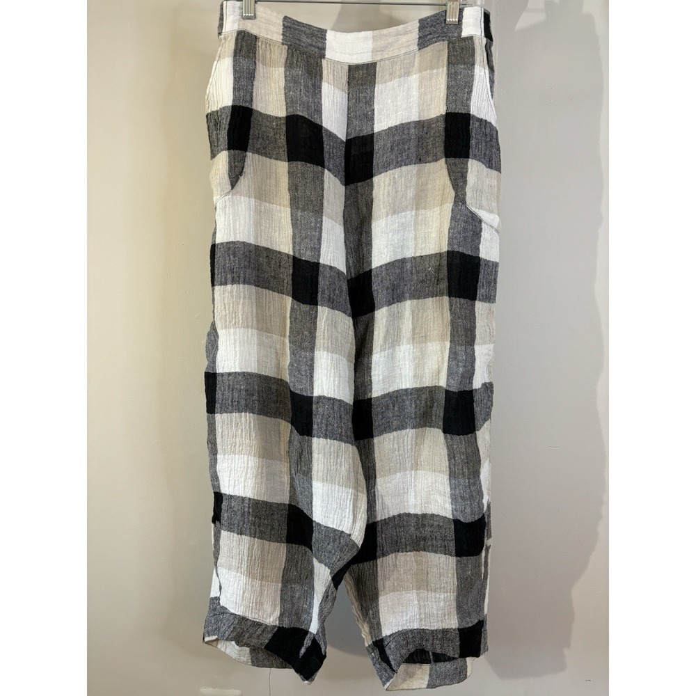 LIV by HABITAT Linen Black Beige Plaid Wide‎ Leg Pants M Lagenlook Pull On